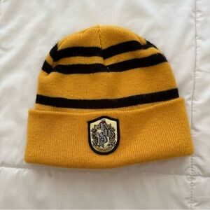Yellow and Black Striped Beanie with Hufflepuff Crest